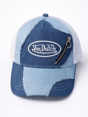 🆕Von Dutch Trucker Hat Denim Patchwork Blue White Mesh Snapback Y2K Streetwear
